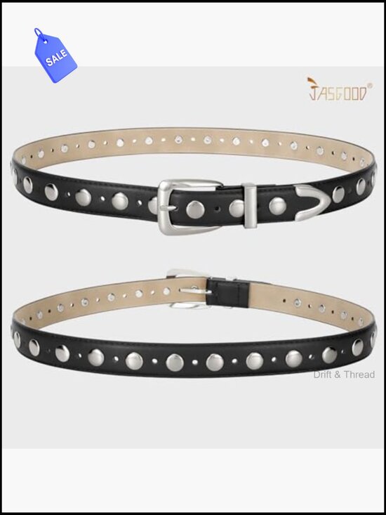 Women\'s Punk Studded Faux Leather Belt with Metallic Buckle - Versatile Waist main image 4